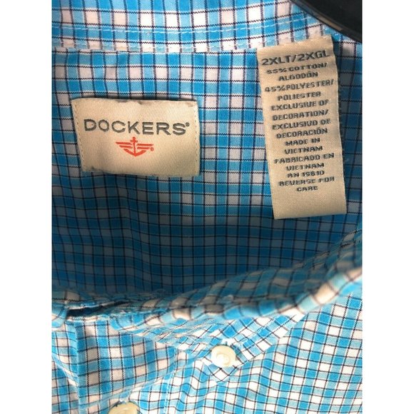 Dockers Men's 2XLT Short Sleeve Button Up Blue Check Cotton Blend Shirt A21 - Picture 2 of 4